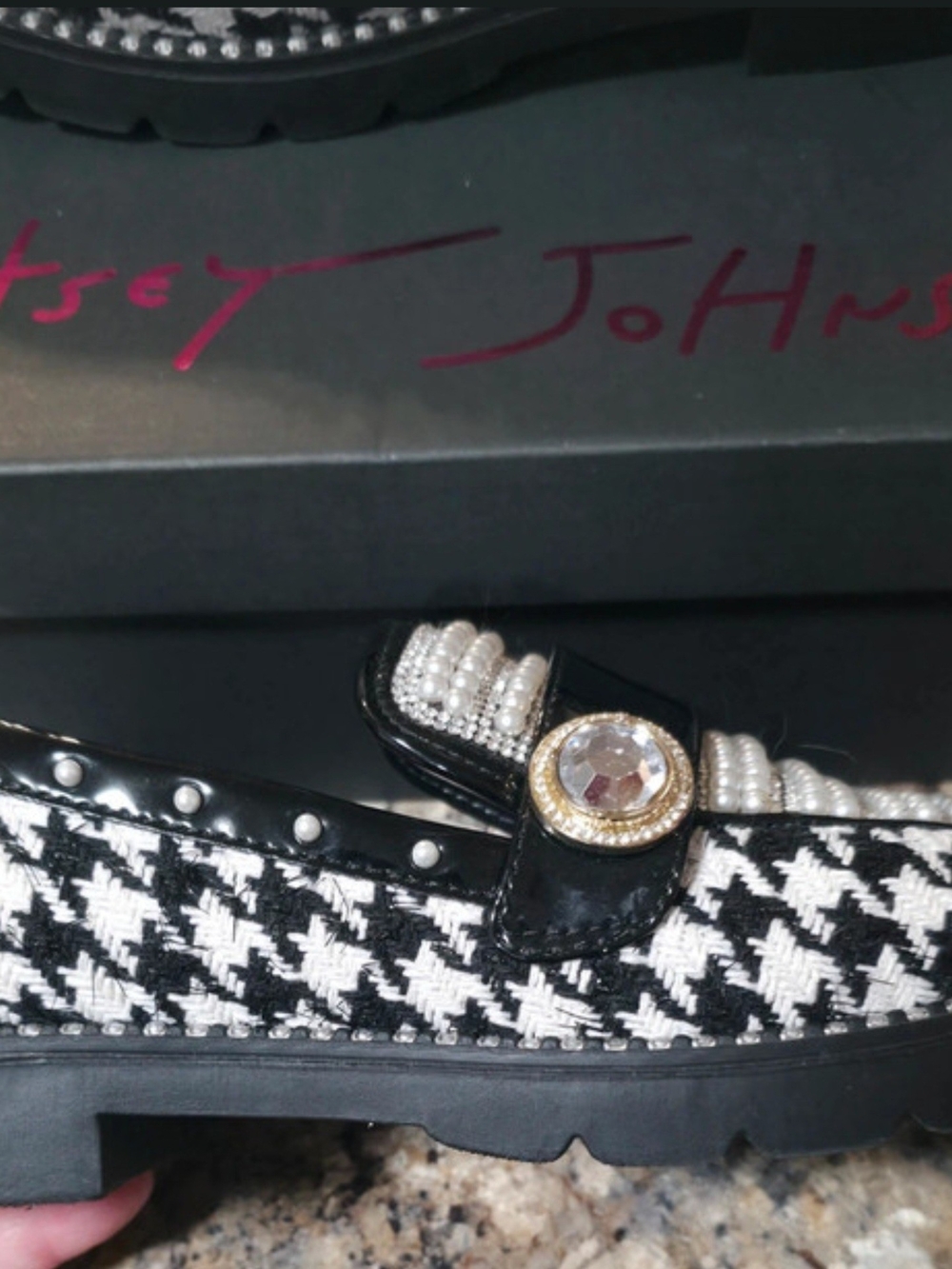 Betsey Johnson Black & White Houndstooth Pearl-Trim Loafers
